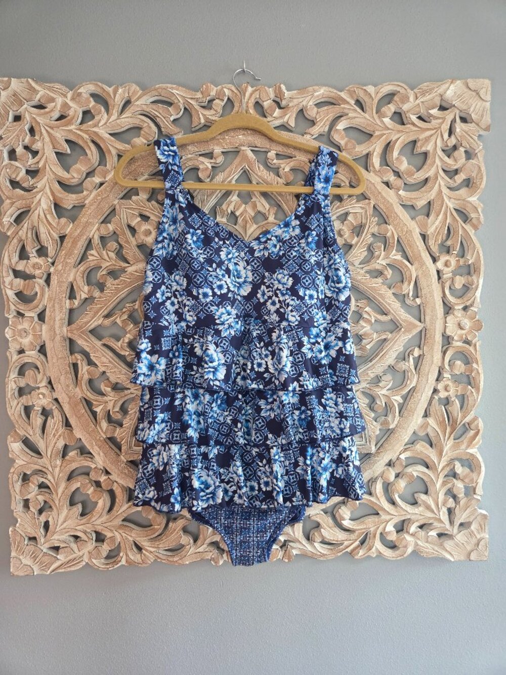 Lands' End Women's Smoothing Control Blue Ruffle Fauxkini One Piece Swimsuit